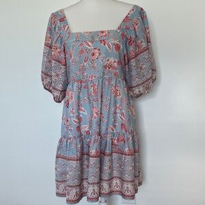 Band of the free - Floral Puff Sleeve Mini Dress in cornflower Blue and mauve